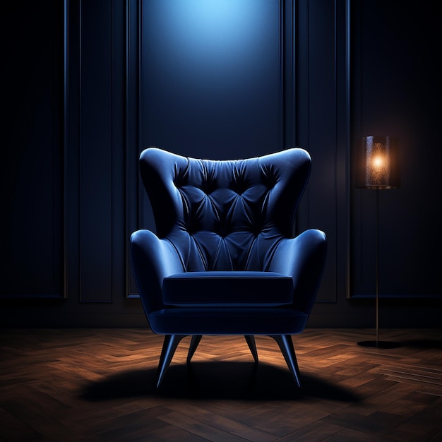 Poltrona azul contra a parede azul na sala de estar interior elegante design de interiores com espaço de cópia