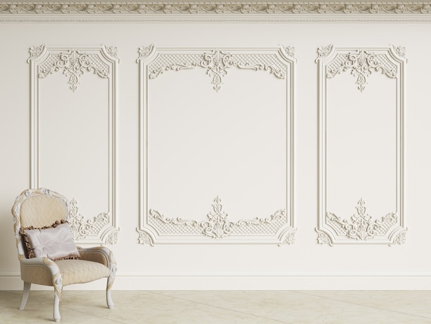 Poltrona barroca clássica no interior clássico. Paredes com molduras e cornija decorada. Piso de marmore. Renderização em 3d