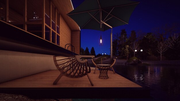 Poltrona e mesa de centro no lado do rio do convés à luz da noite com ilustração 3d de estrelas
