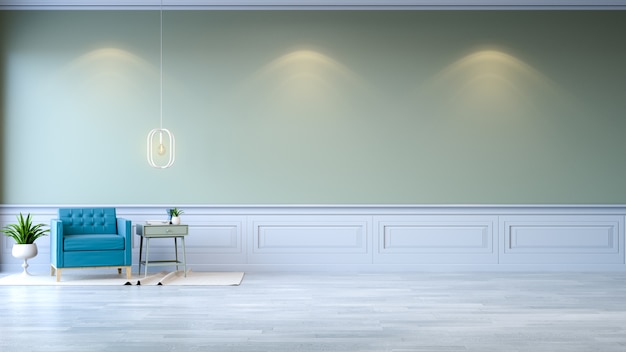 Poltrona minimalista interior, azul, com mesa de hortelã verde na parede verde