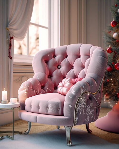 Poltrona rosa com decorações de Natal geradas por IA