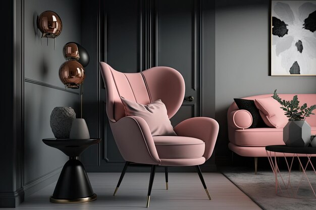 Poltrona rosa em interior minimalista cercado por detalhes em cinza e preto criados com IA generativa