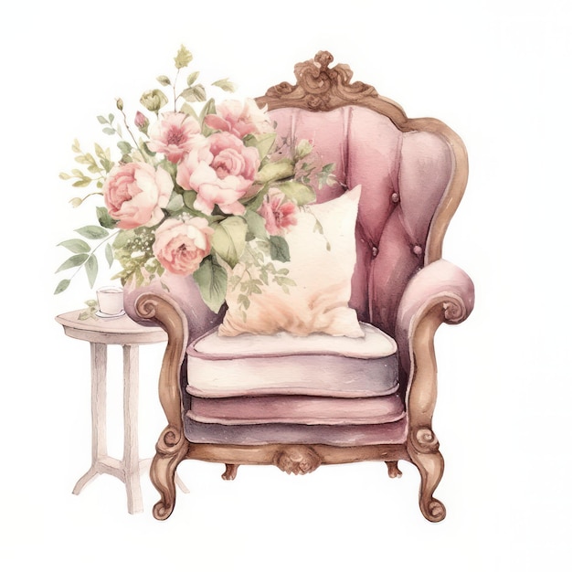 Poltrona vintage com travesseiros e flores Ilustração a aquarela