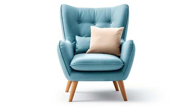 Poltrona wingback azul com travesseiro e pés de madeira isolados em fundo branco