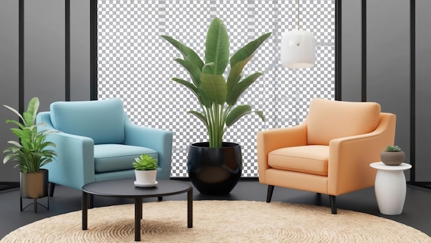 Poltronas e plantas modernas num ambiente interior aconchegante