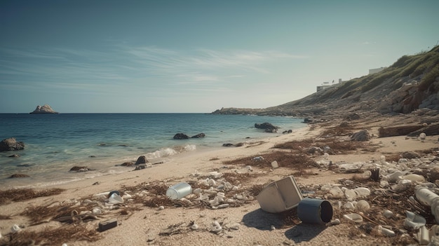 Foto poluição ambiental no plástico e no lixo da praia