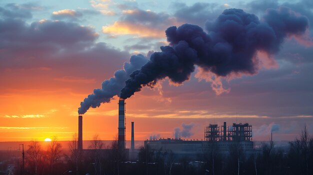 Foto poluição atmosférica por fumaça preta proveniente de chaminés e resíduos industriais