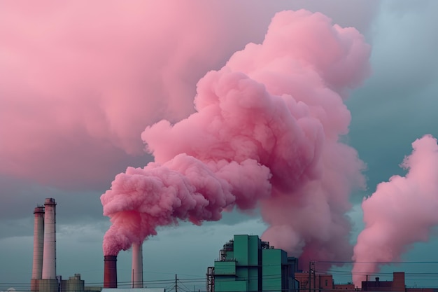 Poluição colorida de fábricas Fumaça rosa Generative AI