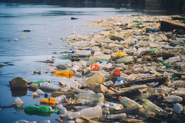 Foto poluição da praia, garrafas de plástico e outros resíduos no rio
