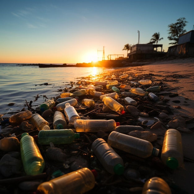 Poluição da praia retratada com garrafas plásticas e lixo espalhado pela costa para mídias sociais