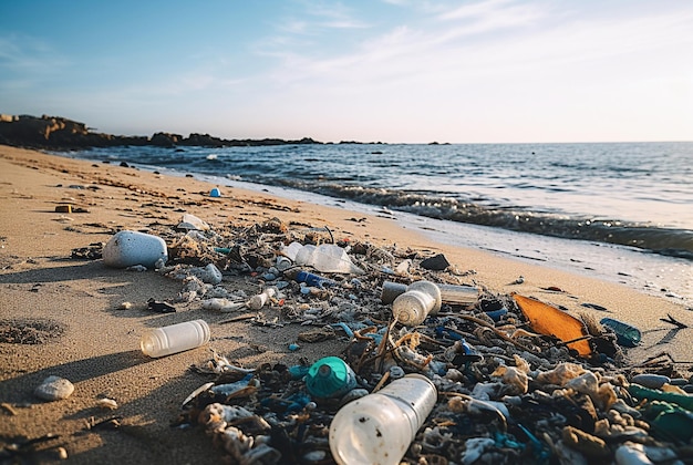 Poluição de lixo do oceano Lixo na costa do oceano Imagem generativa de Ai