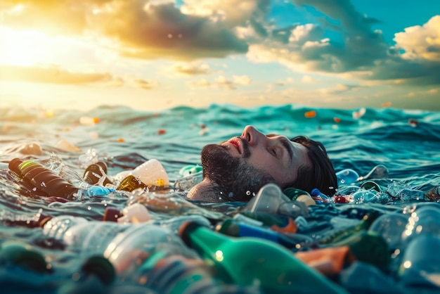 Poluição de mares e reservatórios com resíduos plásticos uma pessoa como lixo descartado após o uso.