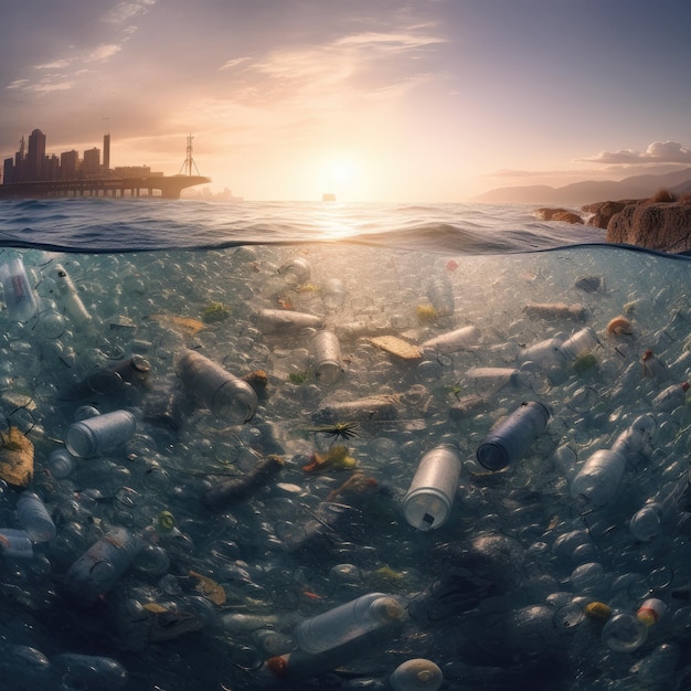 poluição do mar com plásticos onde vivem os peixes IA generativa