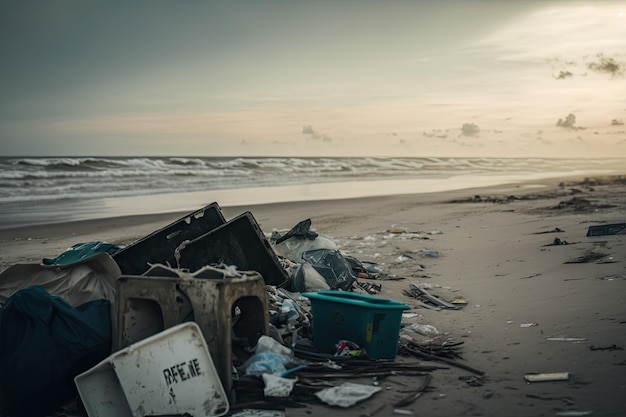 Poluição e lixo cobrindo a praia com vista para o mar ao fundo