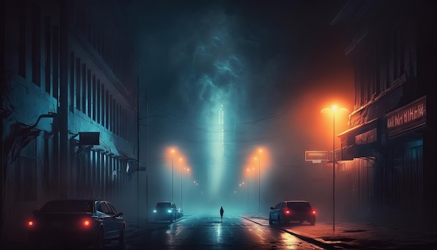 Poluição noturna de rua escura e luz neon de fumaça Fundo escuro da cidade noturna Generative ai