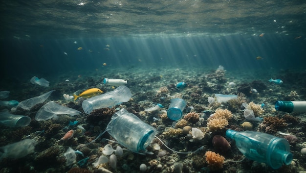 poluição plástica do oceano cena subaquática metade acima metade abaixo resíduos plásticos