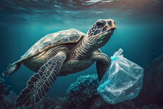 Poluição plástica em tartarugas com problemas ambientais oceânicos com ai generativo de sacolas plásticas