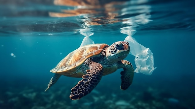 Foto poluição plástica no oceano ao redor da tartaruga