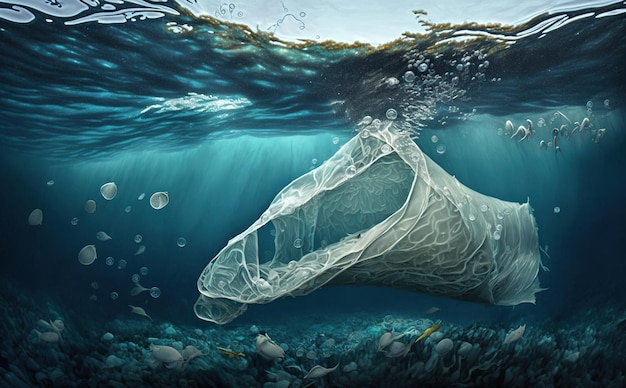 Poluição plástica no oceano - peixes comem saco plástico - problema ambiental