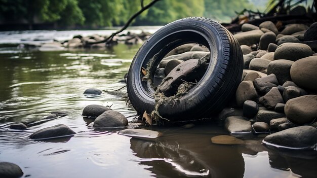 Poluição visual da margem do rio com pneus abandonados