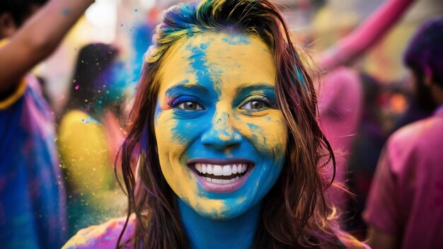 El polvo azul y amarillo de color holi en la cara de la mujer