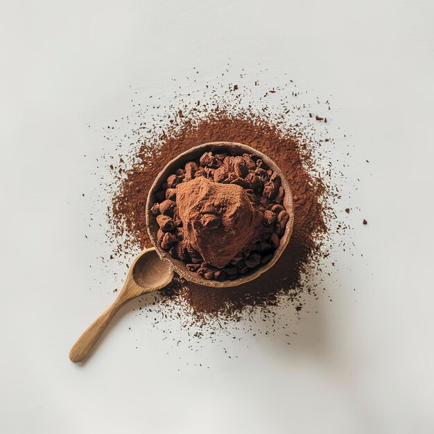 Foto polvo de cacao con cuchara de madera aislada sobre un fondo blanco
