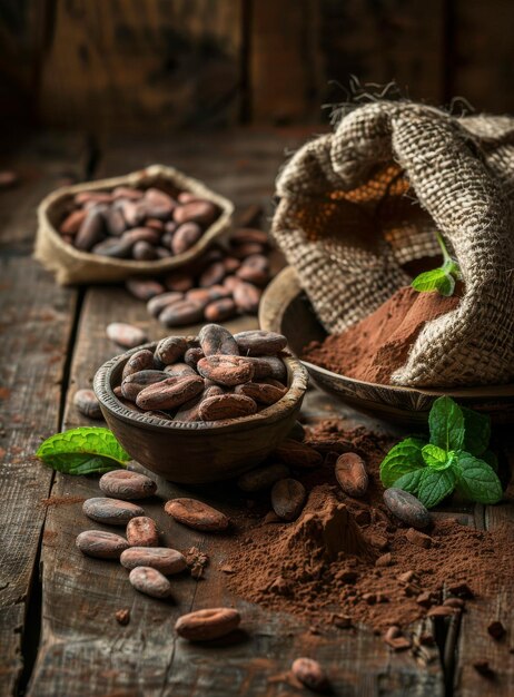 Polvo de cacao y granos de cacao en una mesa de madera