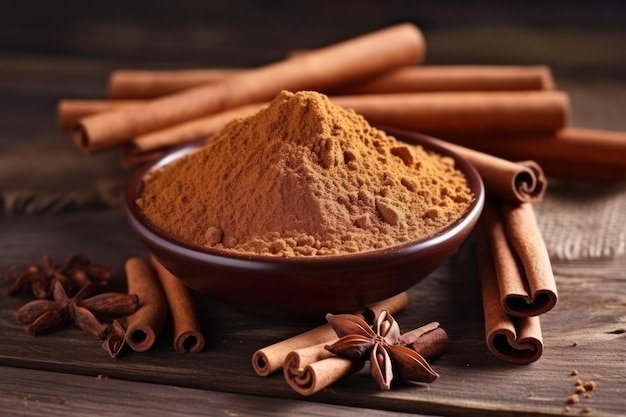 Polvo de canela y palos en una mesa de madera