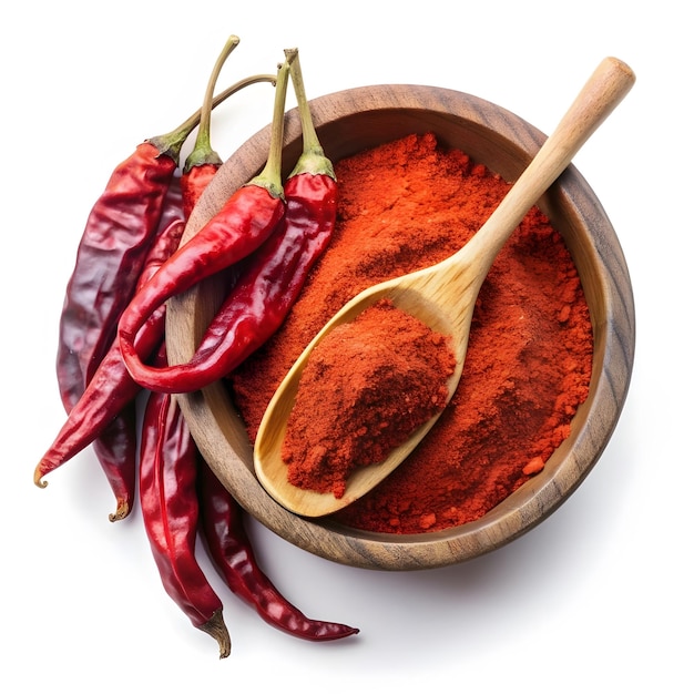 polvo de chile rojo de Cachemira en cuenco de madera sobre fondo blanco