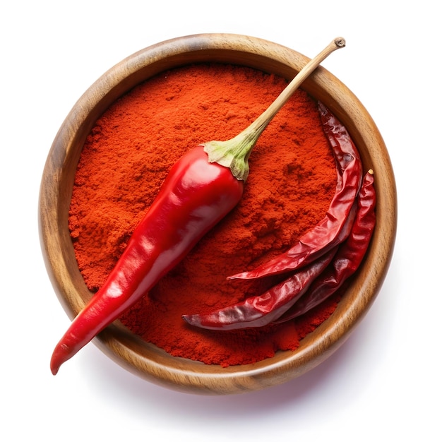 polvo de chile rojo de Cachemira en cuenco de madera sobre fondo blanco