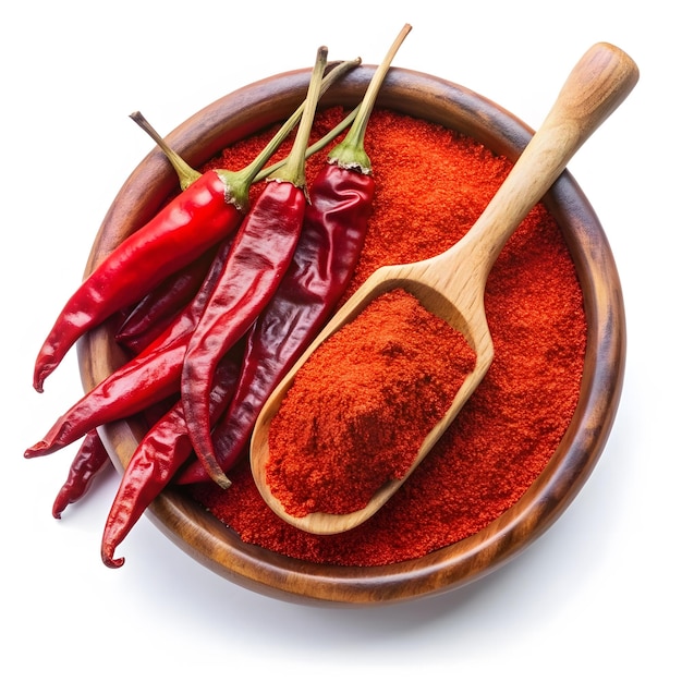 polvo de chile rojo de Cachemira en cuenco de madera sobre fondo blanco