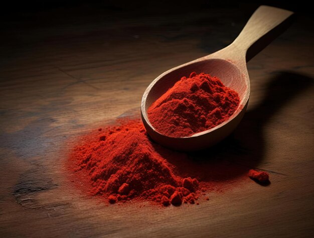 Foto polvo de chiliado rojo oscuro usando una cuchara de madera en el estilo de la composición llamativa