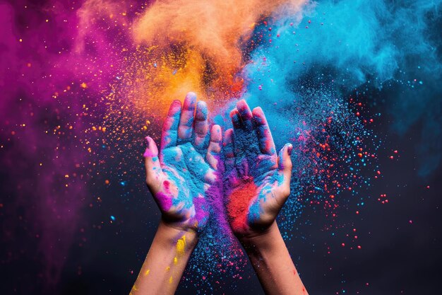 Foto polvo coloreado encendido manos humanas muy divertido
