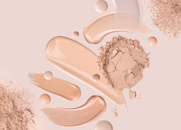 Polvo de crema de base de frotis cosmético sobre un fondo beige