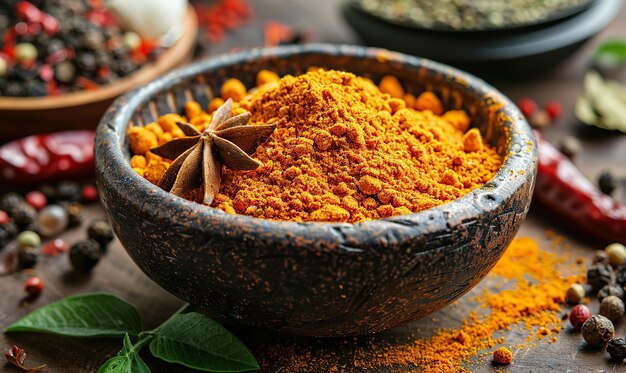 Polvo de curry vibrante en un cuenco con especias y hierbas variadas alrededor Generar IA