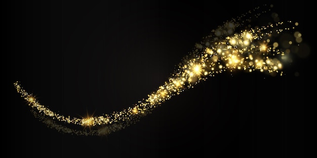 Polvo dorado brillante con partículas resplandecientes. Una hermosa estrella brillante con una cola polvorienta