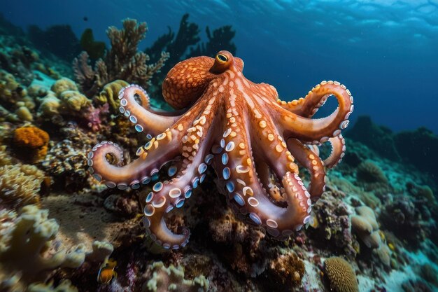 Polvo estendendo tentáculos em recifes oceânicos