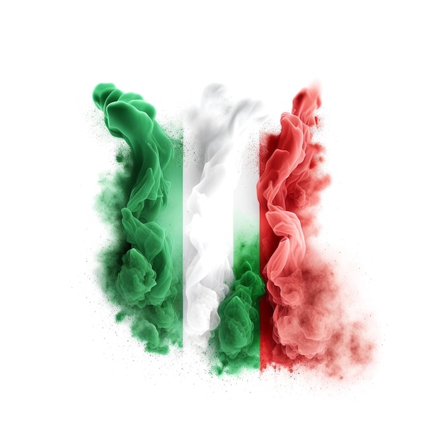 Polvo fino de la bandera italiana Wave explotando sobre un fondo blanco