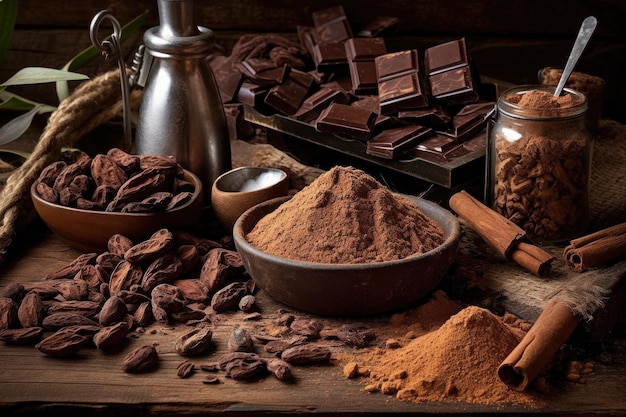 Polvo de granos de cacao y pedazos de chocolate en una mesa rústica creada con ai generativo