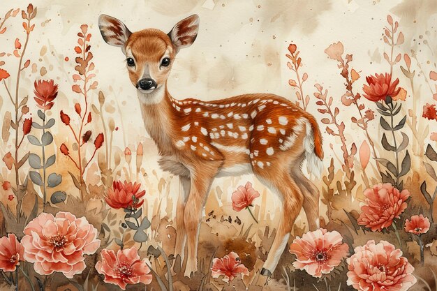 En el polvo se levantó y rosa primavera corona floral bebé ciervo bosque acuarela ilustración cervo animales del bosque para el vivero y el bebé