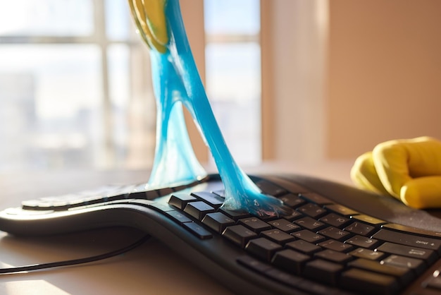 Polvo de limpieza de gel suave azul en el teclado Concepto de limpieza del teclado de su computadora Limpieza de oficina