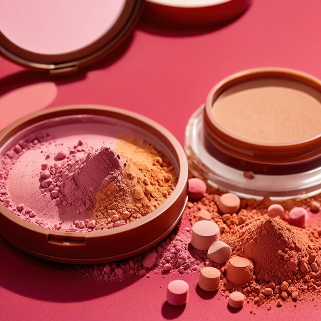 Foto polvo de maquillaje de colores marrones y crema cimiento cosmético para mujeres