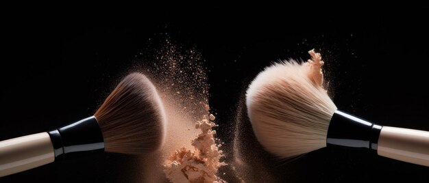 Foto el polvo de maquillaje se esparce de los pinceles de maquillaje frotándose unos contra otros copiando el espacio a la izquierda