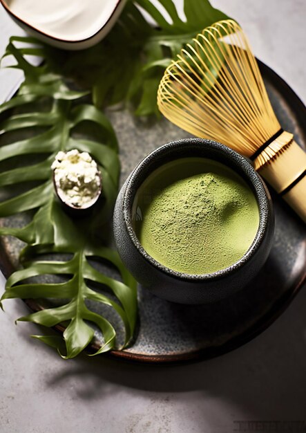 Polvo De Matcha Con Batidor Sobre Hoja De Monstera Con Dos Matcha