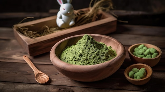 polvo de matcha verde en un bol de madera sobre una mesa de madera además de un conejito de pascua