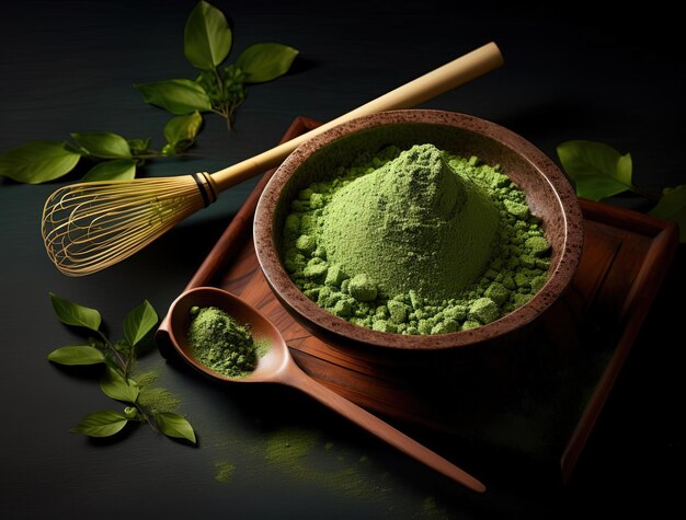 polvo de matcha verde en un cuenco y hojas con cuchara de madera en el estilo de inspirado en Oriente