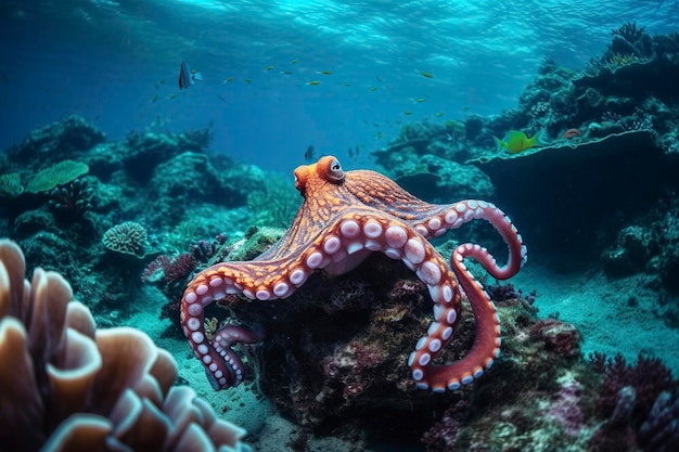 Polvo nadando no fundo do mar Belos corais subaquáticos e coloridos na natureza selvagem do Oceano Pacífico Gerar Ai