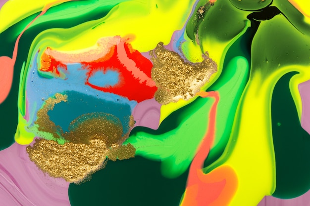 Polvo de oro amarillo esparcido sobre fondo de colores vivos de tinta