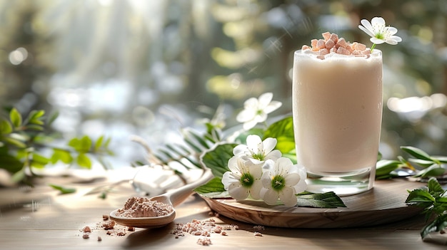 Foto polvo de proteína en una cuchara y un vaso