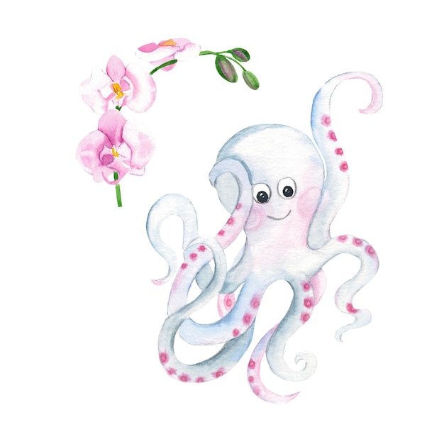 Polvo sorridente bonito e orquídea isolados em fundo branco Ilustração desenhada à mão em aquarela